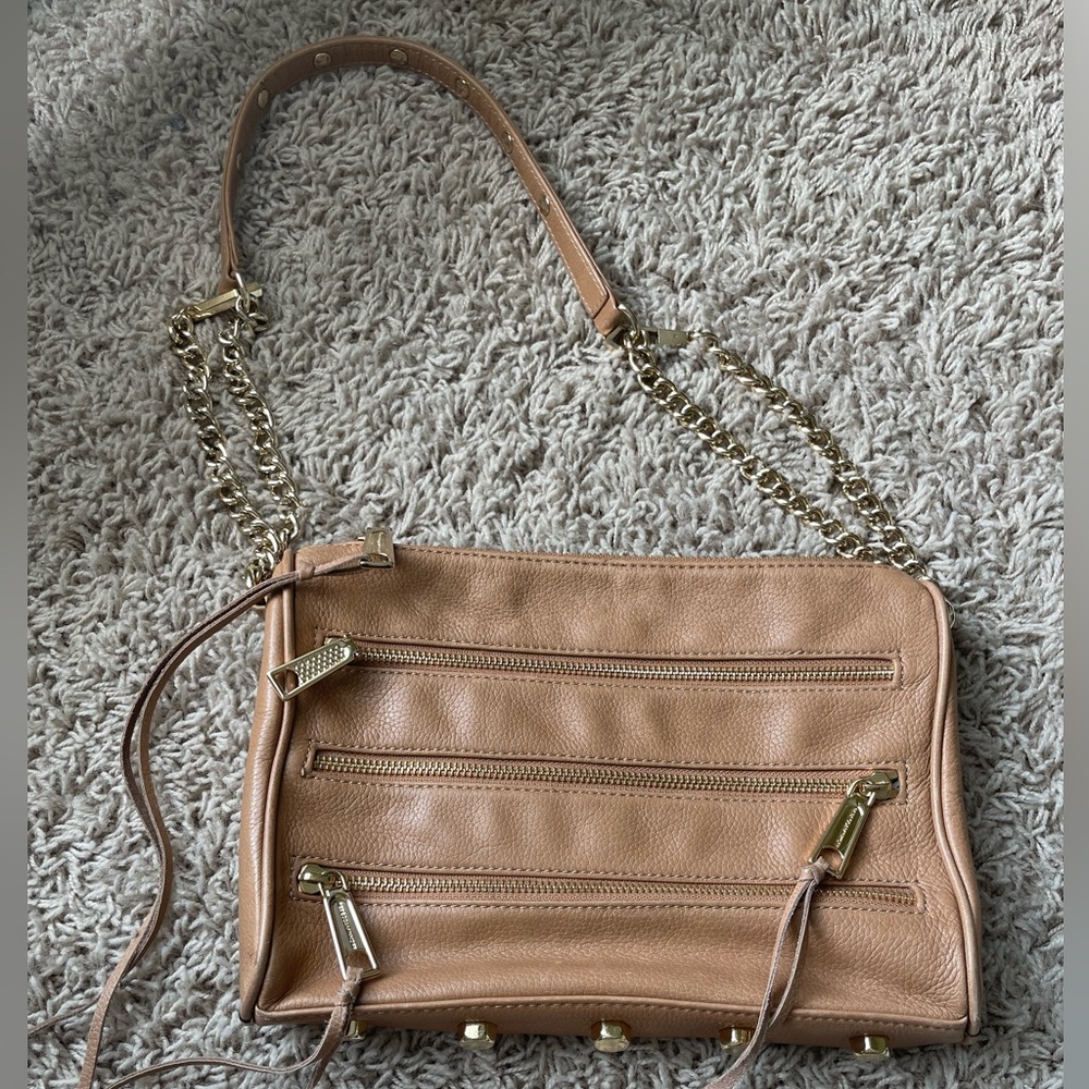 Rebecca Minkoff Leather Crossbody Bag Tassels Chain Strap Tan
